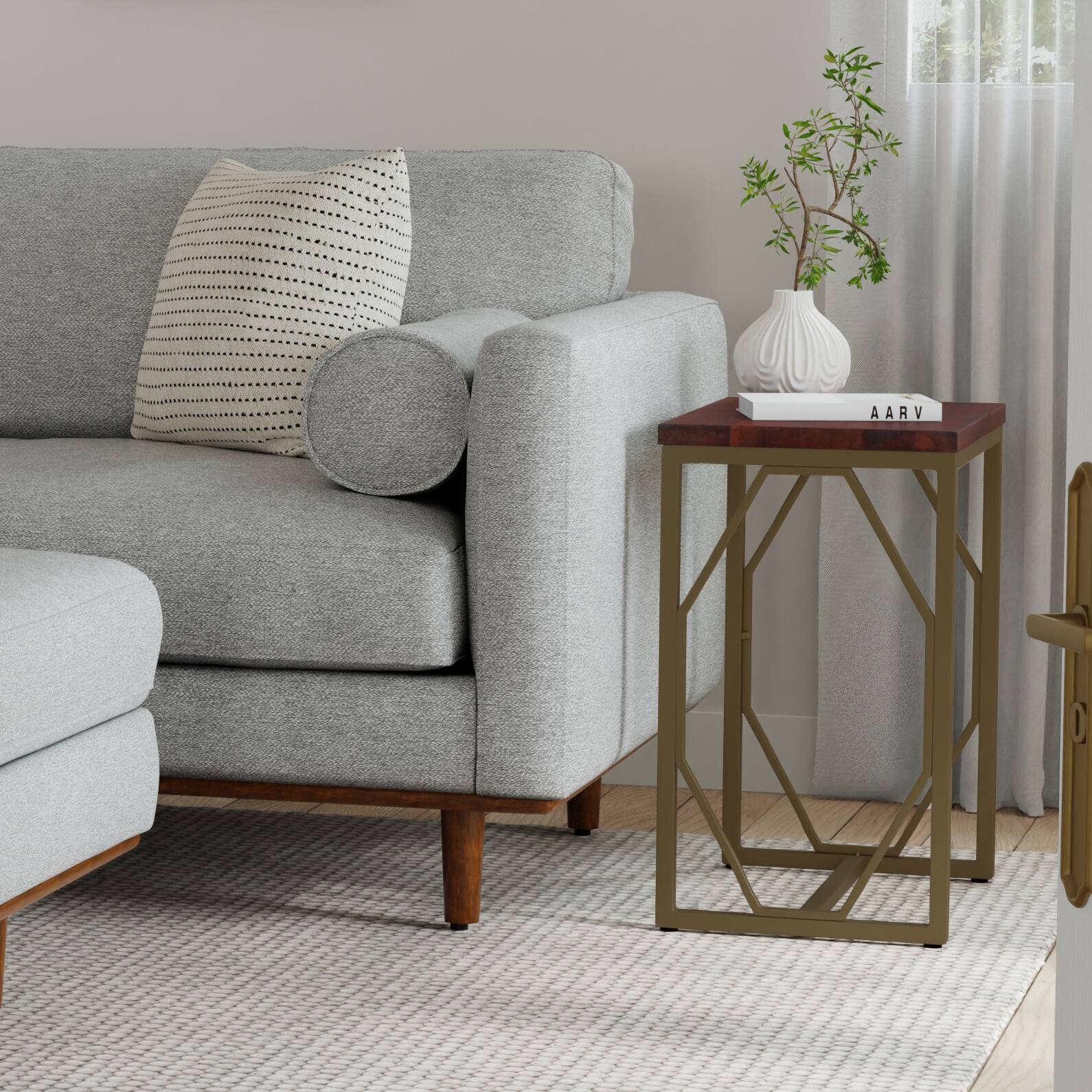 Angle. Simpli Home - Selma Contemporary 20 inch Wide Metal and Wood Accent Side Table in Cognac - Cognac.