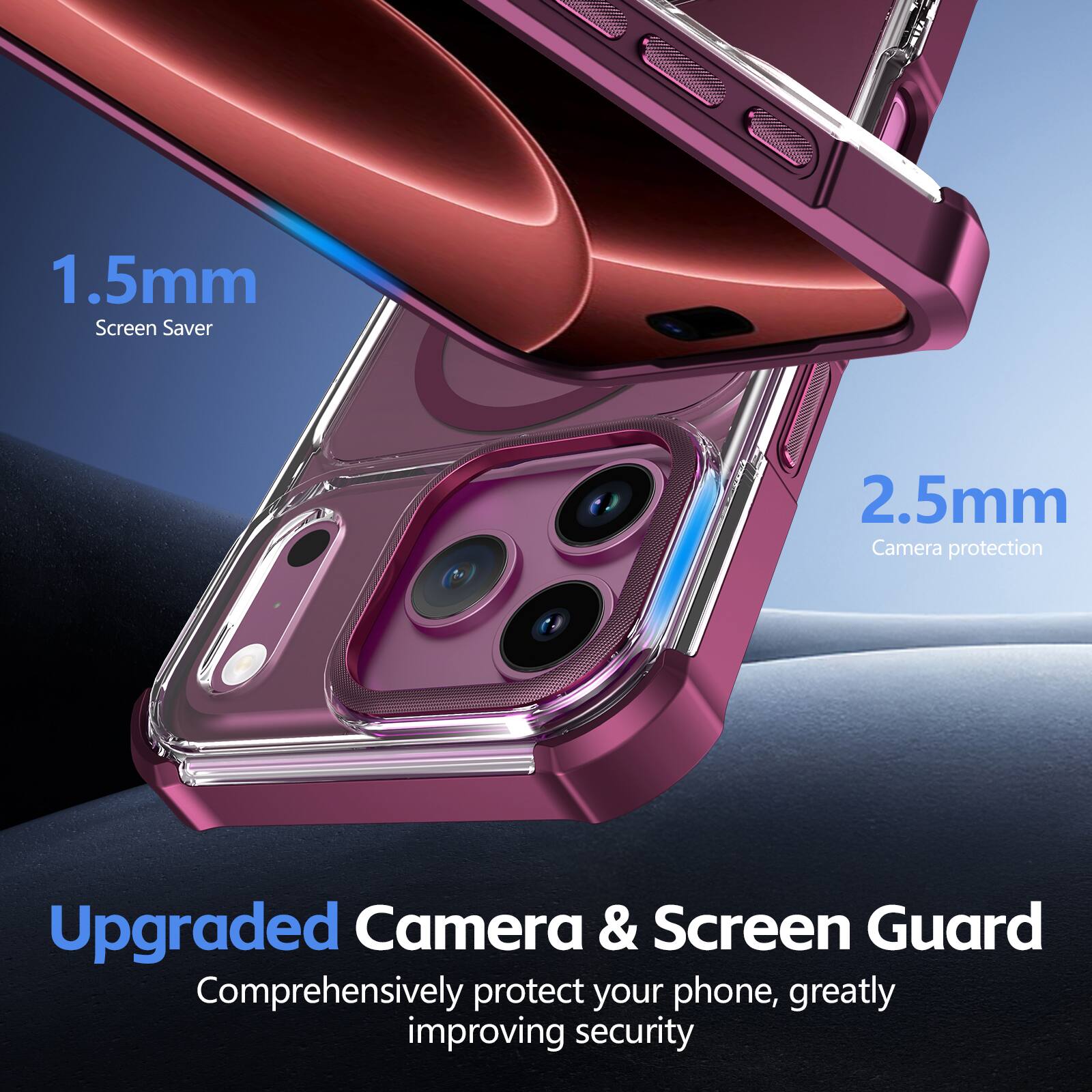 1.5mm Screen Saver  
2.5mm Camera protection  
Upgraded Camera & Screen Guard  
Comprehensively protect your phone, greatly improving security