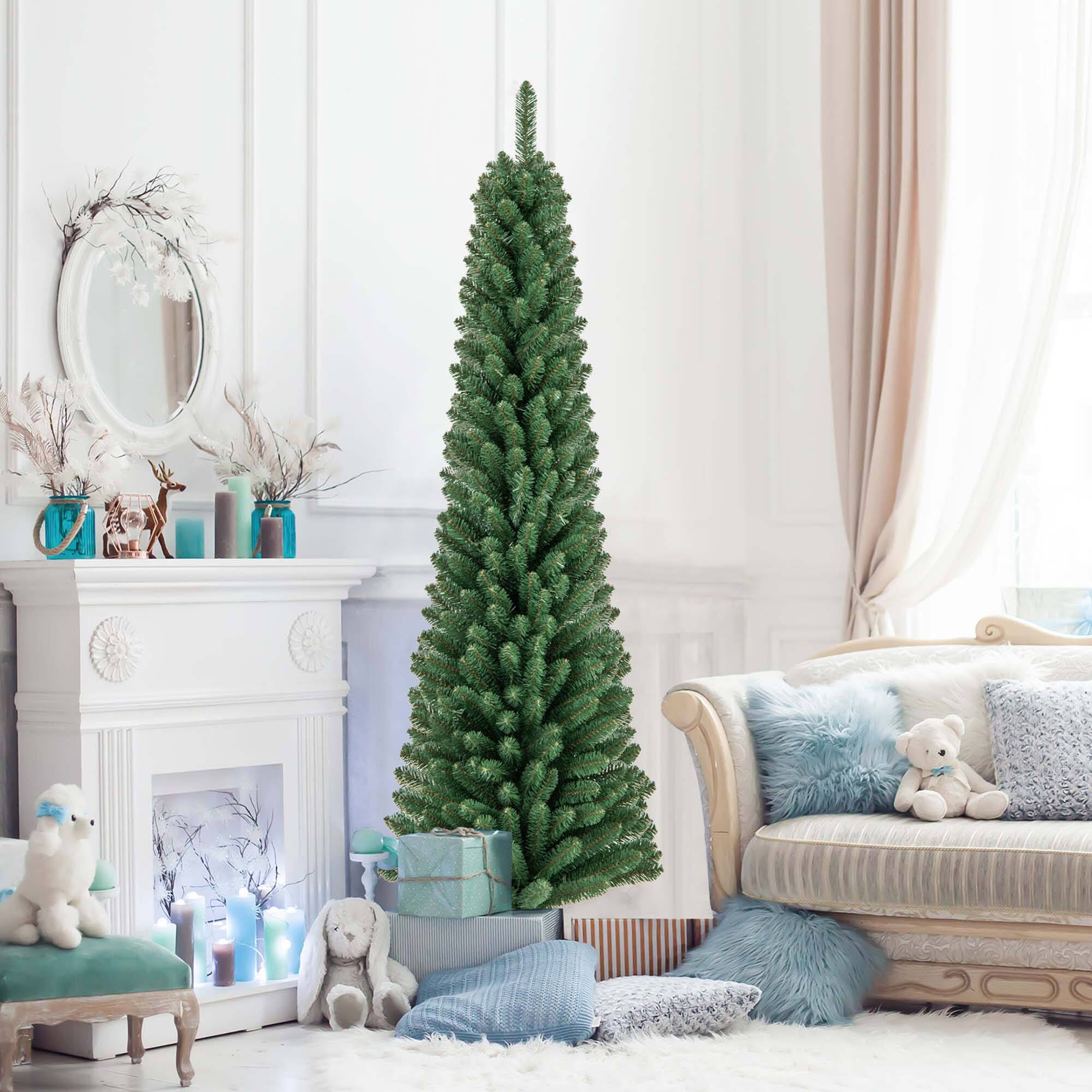 Alt View 7. Costway - Costway 6 FT Pencil Christmas Tree Artificial Xmas Tree with 392 Memory Wire Branch Tips - Green.