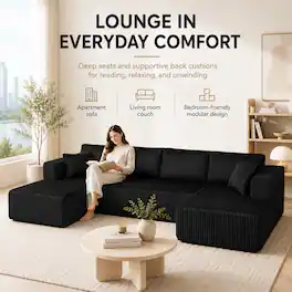 Anysun - 132" U-Shaped Modern Modular Sectional Sofa – Comfy Compressed Cloud Couch with Side Pockets, No Assembly Required - Black