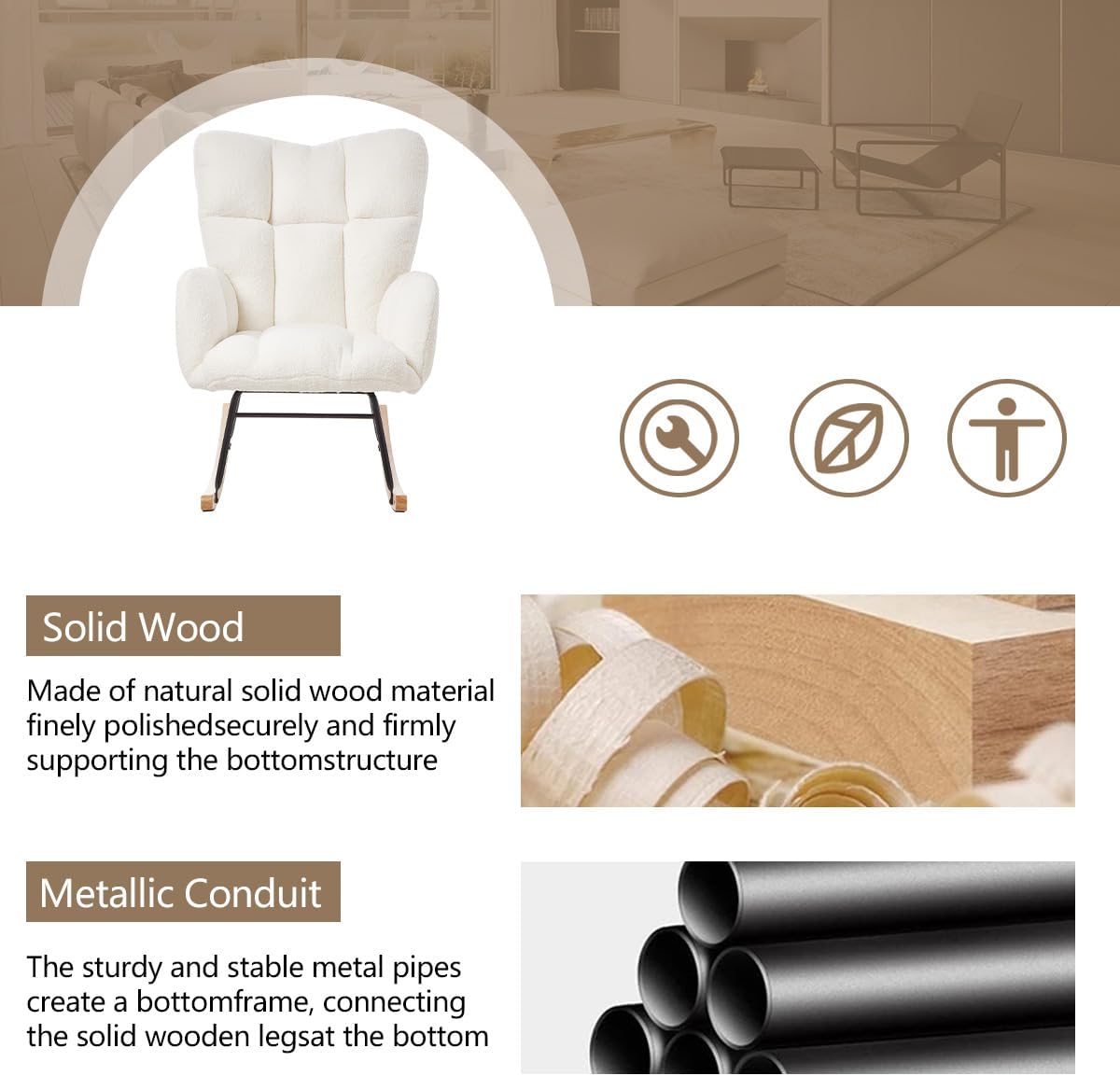 Solid Wood  
Made of natural solid wood material, finely polished, securely and firmly supporting the bottom structure.

Metallic Conduit  
The sturdy and stable metal pipes create a bottom frame, connecting the solid wooden legs at the bottom.