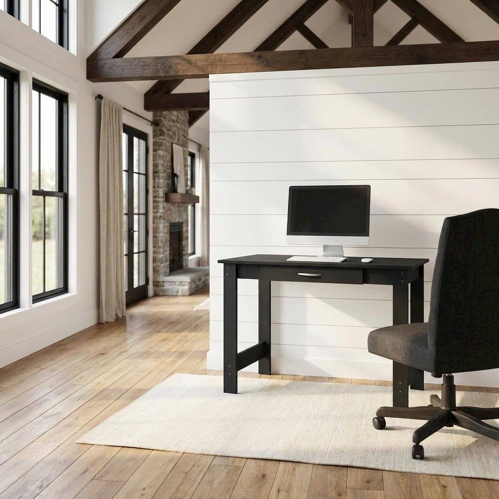 Left. BisonOffice - Darkwood Office Desk With H-Legs And Drawer For Workspace - Brown.