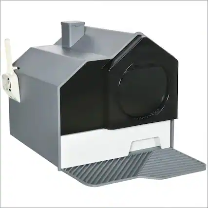 Front. Dexmalle - Dexmalle-Enclosed Cat Litter Box with Open Door,Pad and Scoop-Gray&White - Black+ Gray,White.