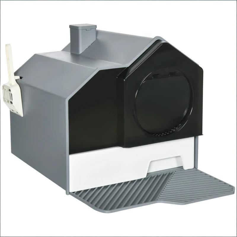 Front. Dexmalle - Dexmalle-Enclosed Cat Litter Box with Open Door,Pad and Scoop-Gray&White - Black+ Gray,White.