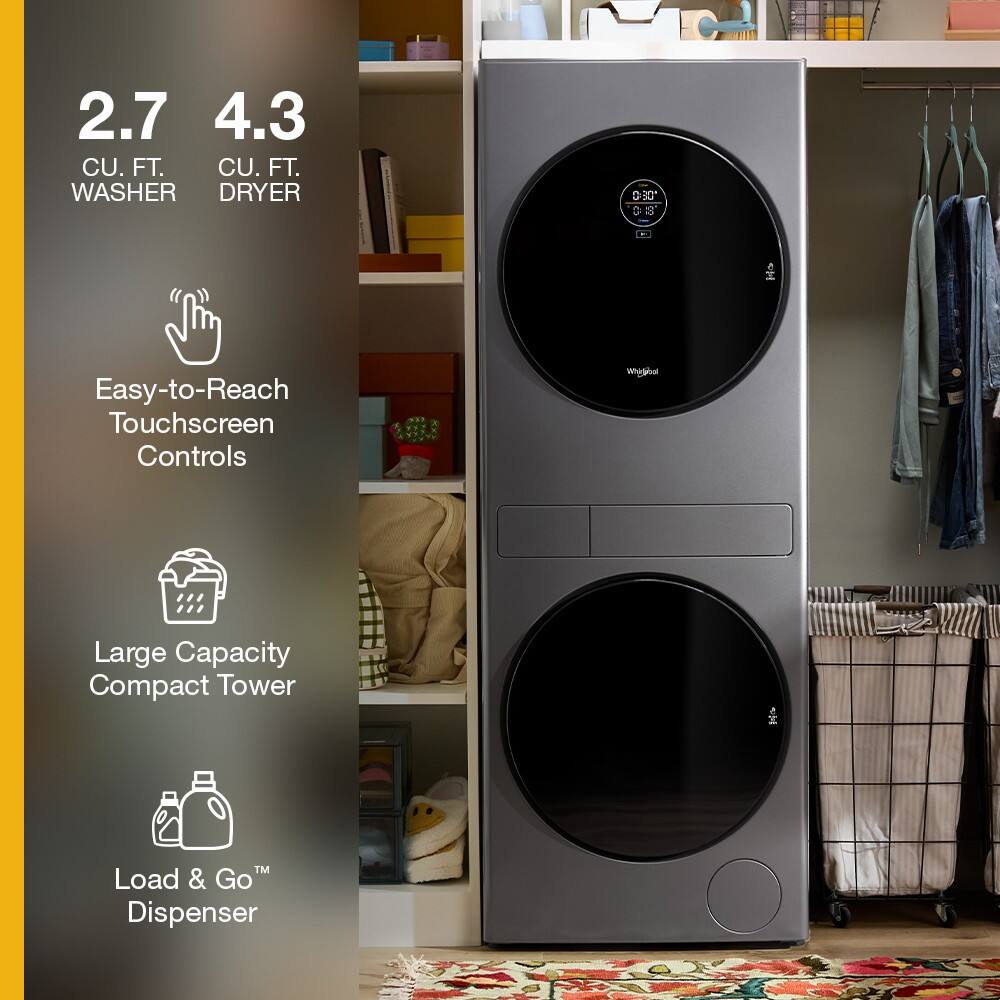 2.7 CU. FT. WASHER  
4.3 CU. FT. DRYER  

- Easy-to-Reach Touchscreen Controls  
- Large Capacity Compact Tower  
- Load & Go™ Dispenser