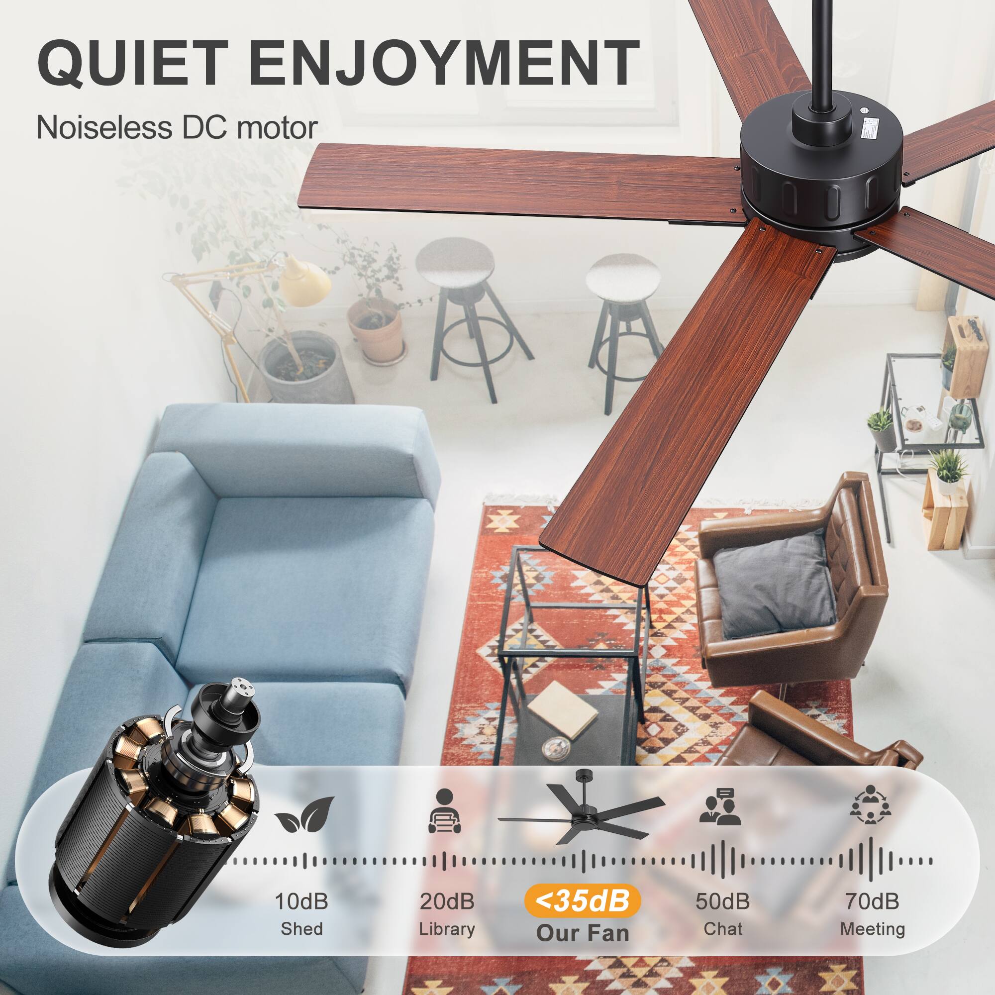QUIET ENJOYMENT  
Noiseless DC motor  
10dB Shed  
20dB Library  
<35dB Our Fan  
50dB Chat  
70dB Meeting