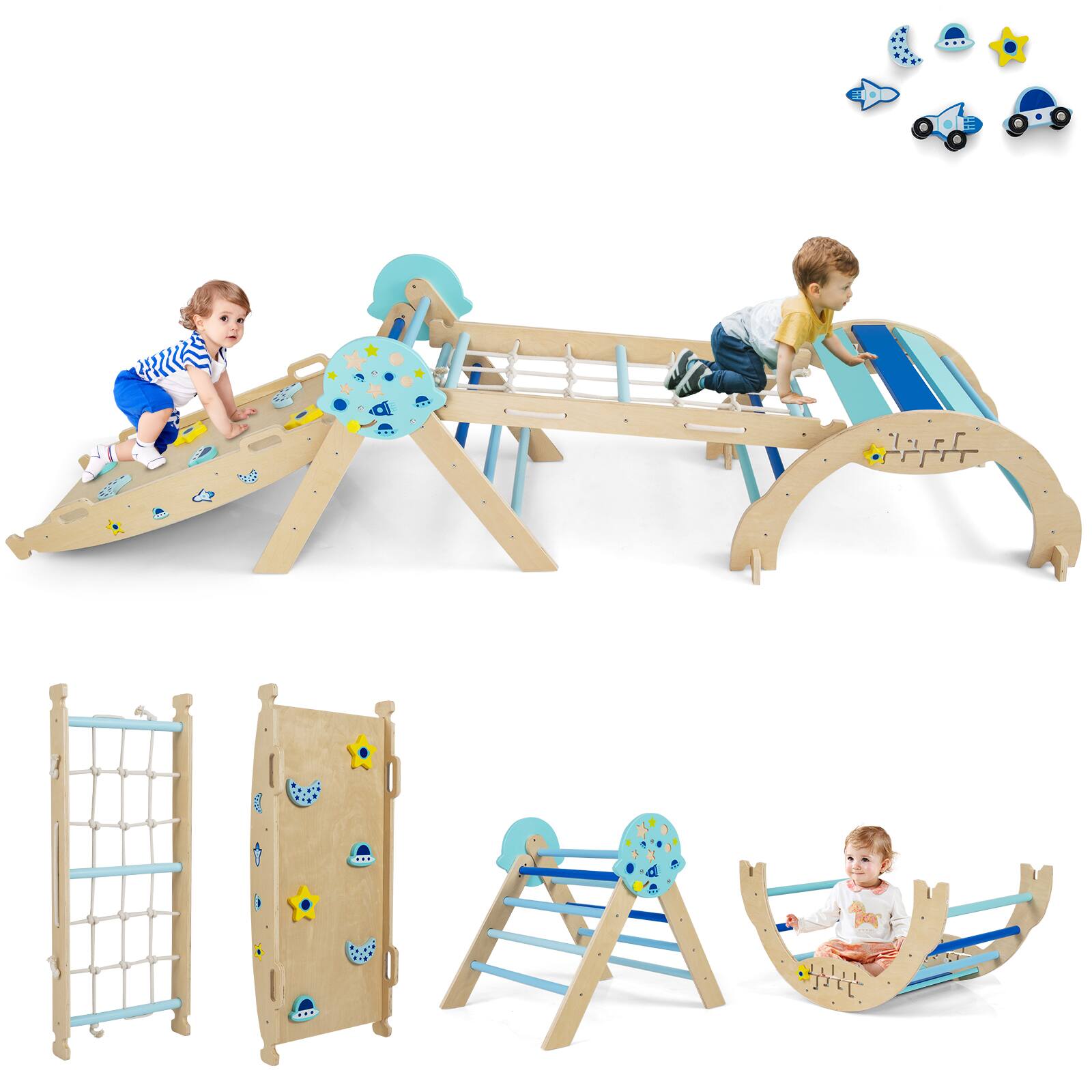 Alt View 9. Gymax - Gymax Spaceman Theme Wooden Montessori Climbing Set w/Arch Ramp Climbing Rope & Ladder - Blue.