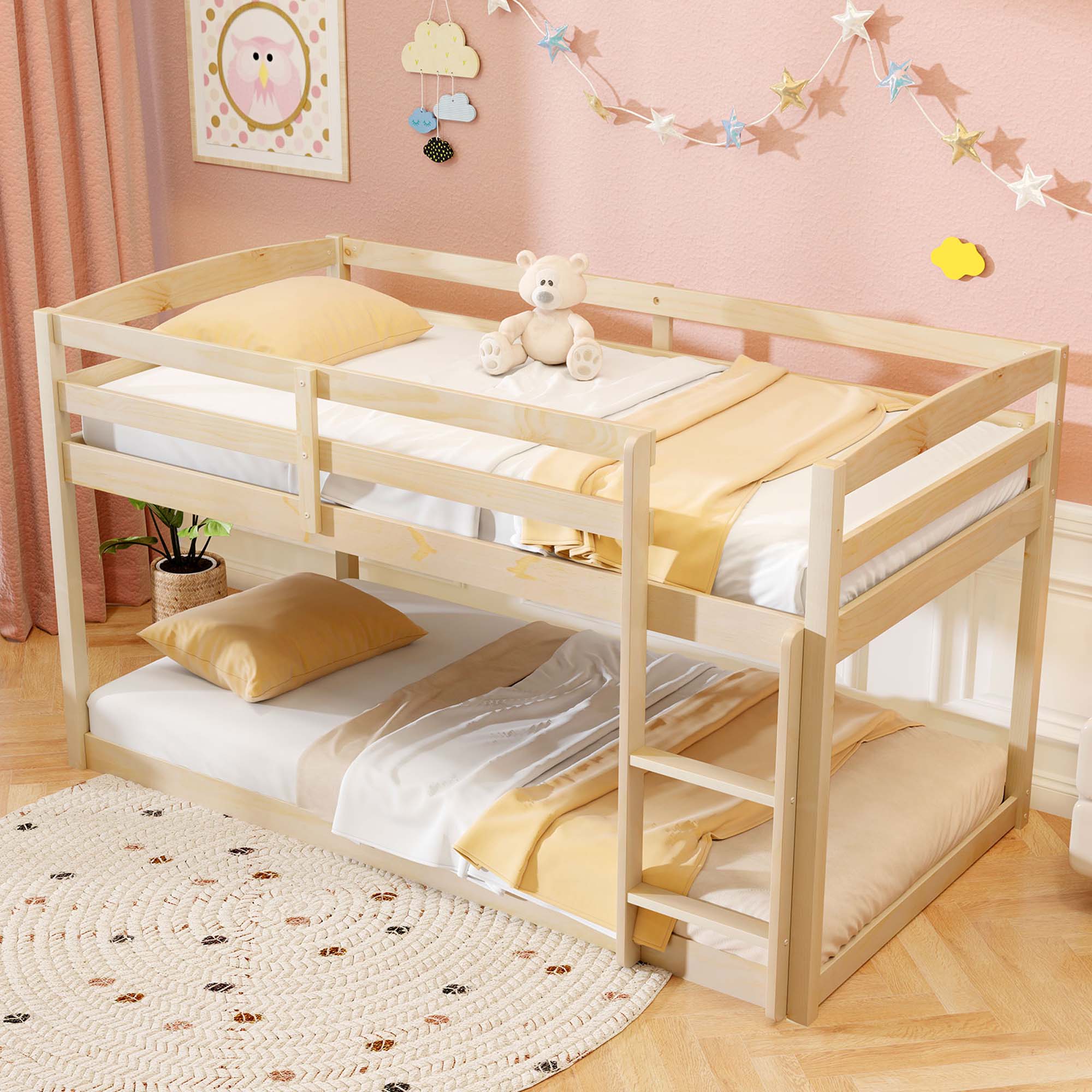 Alt View 4. Costway - Costway Twin over Twin Low Bunk Bed with Guardrails Integrated Ladder Kids Wooden - Beige.