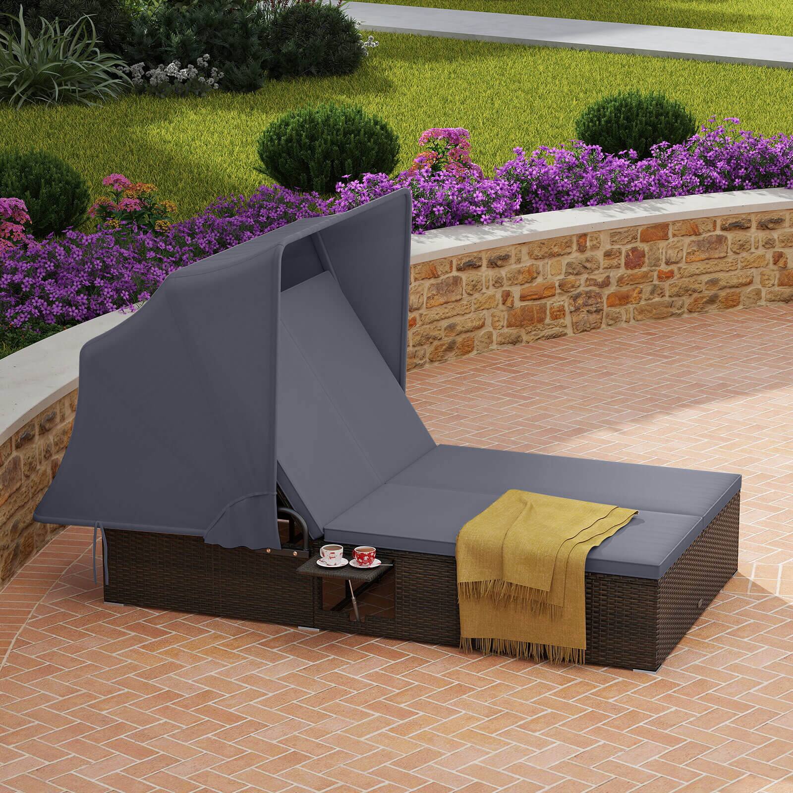 Alt View 1. Costway - Costway 2-person Rattan Lounge Bed with Retractable Canopy 5-position Adjustable Backrest - Mix Brown,Gray.