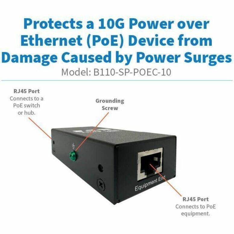 Protects a 10G Power over Ethernet (PoE) Device from Damage Caused by Power Surges  
Model: B110-SP-POEC-10  

RJ45 Port  
Connects to a PoE switch or hub.  

Grounding Screw  

RJ45 Port  
Connects to PoE equipment.