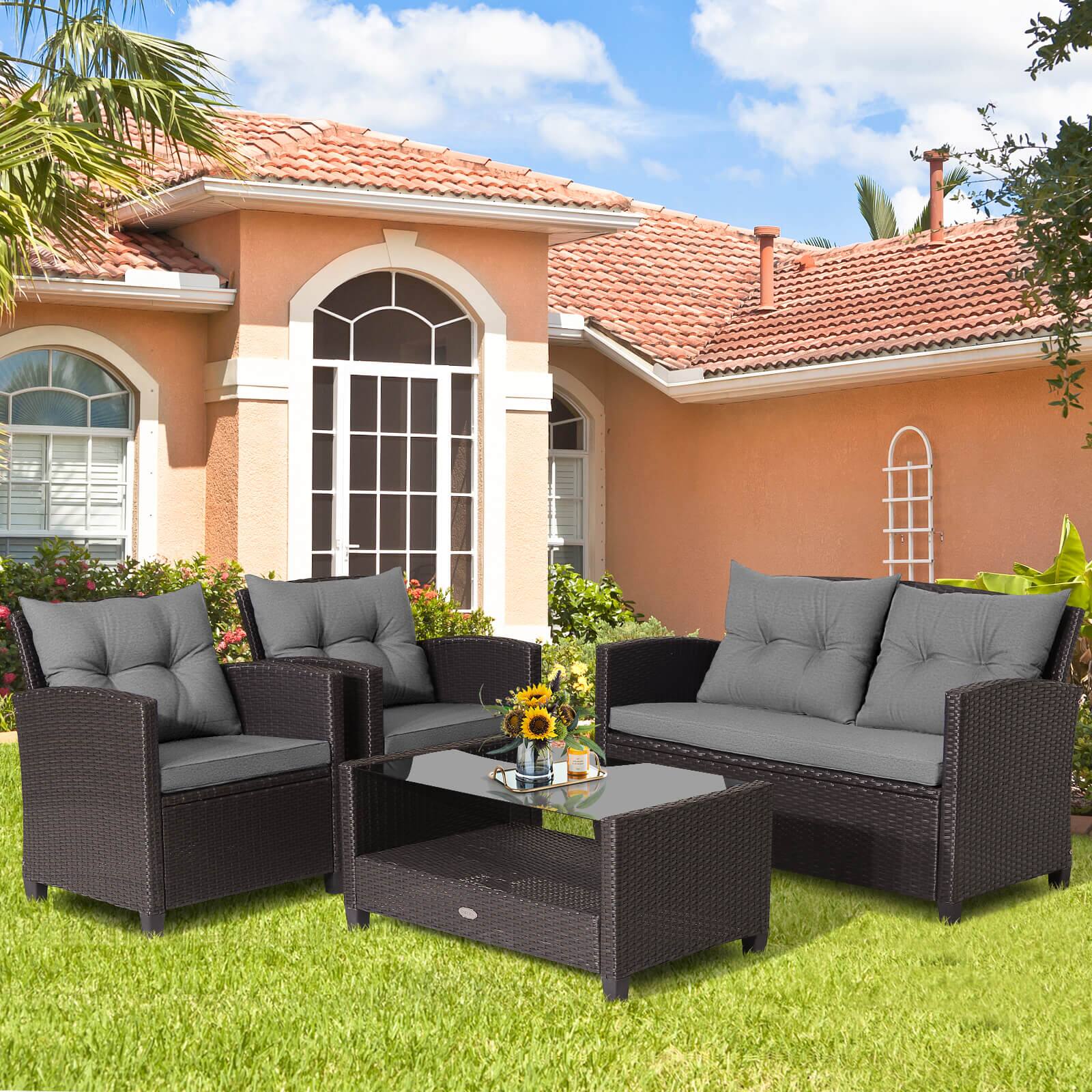 Alt View 3. Costway - Costway 4 PCS Patio Rattan Furniture Set Glass Table Shelf Sofa Cushion - Gray.