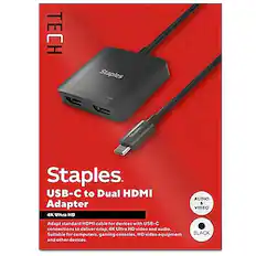 **Staples USB-C to Dual HDMI Adapter**
- **TECH**
- **Staples**
**Features:**
- **4K Ultra HD Audio & Video**
- Adapts standard HDMI cable for devices with USB-C connections to deliver crisp, 4K Ultra HD video and audio.
- Suitable for computers, gaming consoles, HD video equipment, and other devices.
**Specifications:**
- **Audio & Video**
- **BLACK**