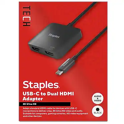 **Staples USB-C to Dual HDMI Adapter**
- **TECH**
- **Staples**
**Features:**
- **4K Ultra HD Audio & Video**
- Adapts standard HDMI cable for devices with USB-C connections to deliver crisp, 4K Ultra HD video and audio.
- Suitable for computers, gaming consoles, HD video equipment, and other devices.
**Specifications:**
- **Audio & Video**
- **BLACK**