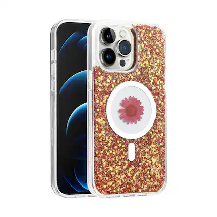 Front. Kitcheniva - Glitter Hybrid Epoxy Real Flower Phone Case With 2 Pcs Screen Protectors For iPhone 15 Pro Max Red - Red.