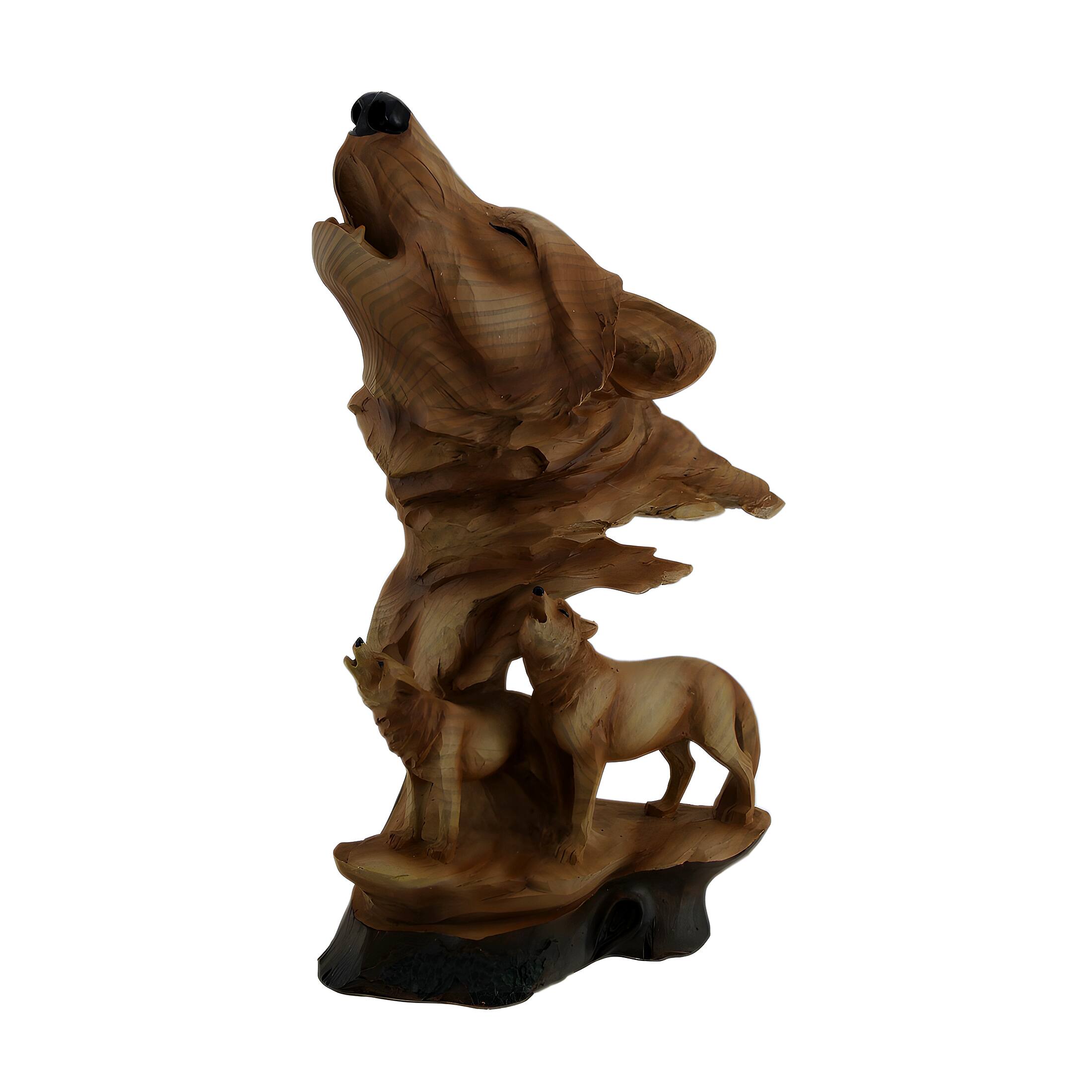 Front. Zeckos - Carved Wood Look Howling Wolf Couple Figural Statue - Brown.