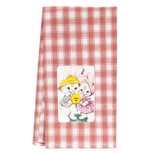 Front. BreeBe - Bunny Couple & Pansy Dish Towel - Pink.