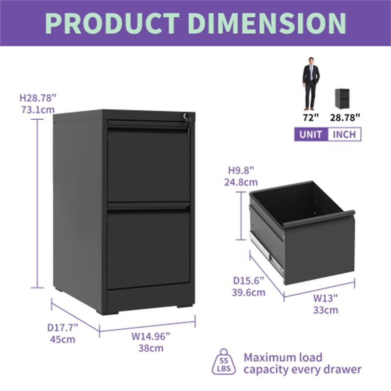 PRODUCT DIMENSION

- H28.78" / 73.1cm
- W14.96" / 38cm
- D17.7" / 45cm

UNIT: INCH

- H9.8" / 24.8cm
- W13" / 33cm
- D15.6" / 39.6cm

Maximum load capacity every drawer: 55 LBS