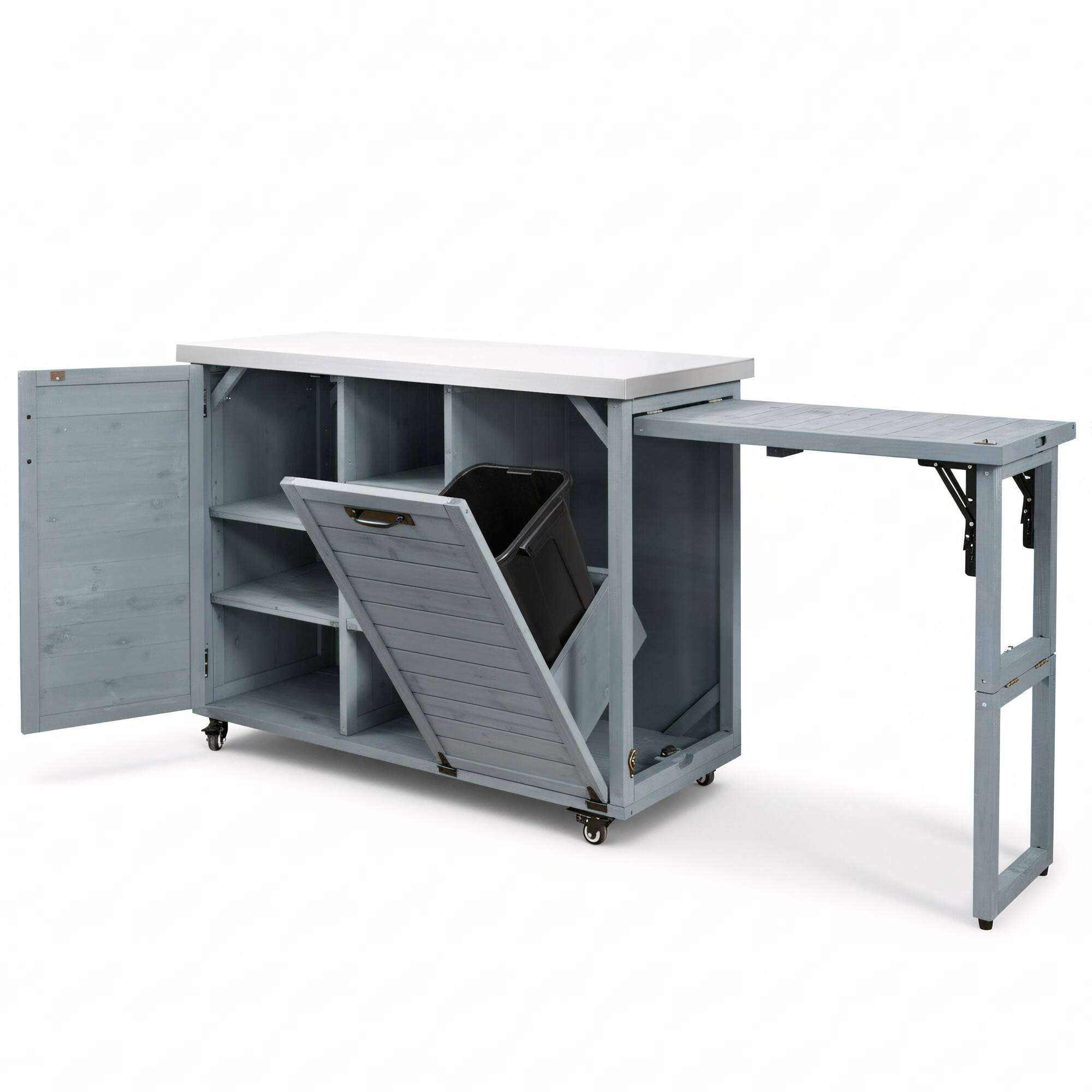 Angle. PexFix - 78.3" Outdoor Kitchen Island with Foldable Table, Trash Storage & Stainless Top, Wood Pizza Oven Cart for Lawn & Garden - Gray Blue.
