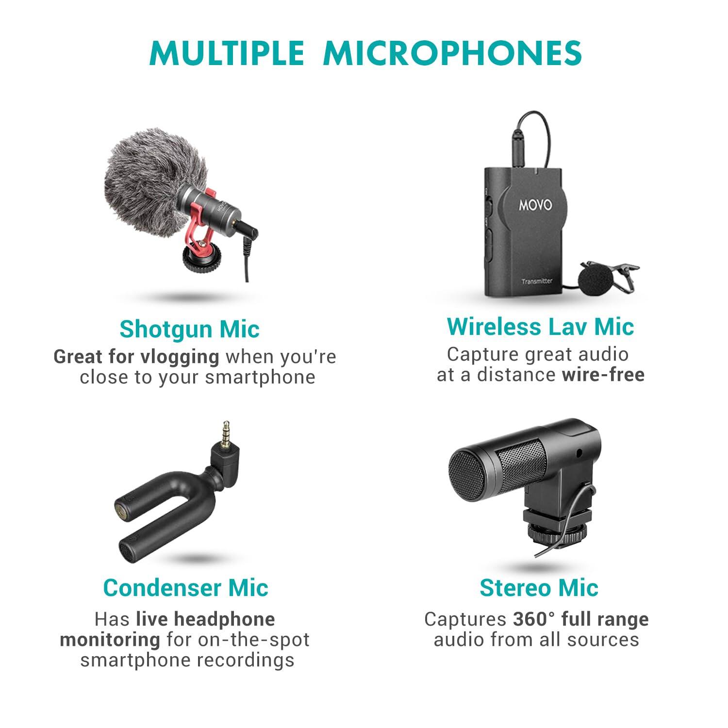 **MULTIPLE MICROPHONES**

- **Shotgun Mic**  
  Great for vlogging when you're close to your smartphone

- **Wireless Lav Mic**  
  Capture great audio at a distance wire-free

- **Condenser Mic**  
  Has live headphone monitoring for on-the-spot smartphone recordings

- **Stereo Mic**  
  Captures 360° full range audio from all sources