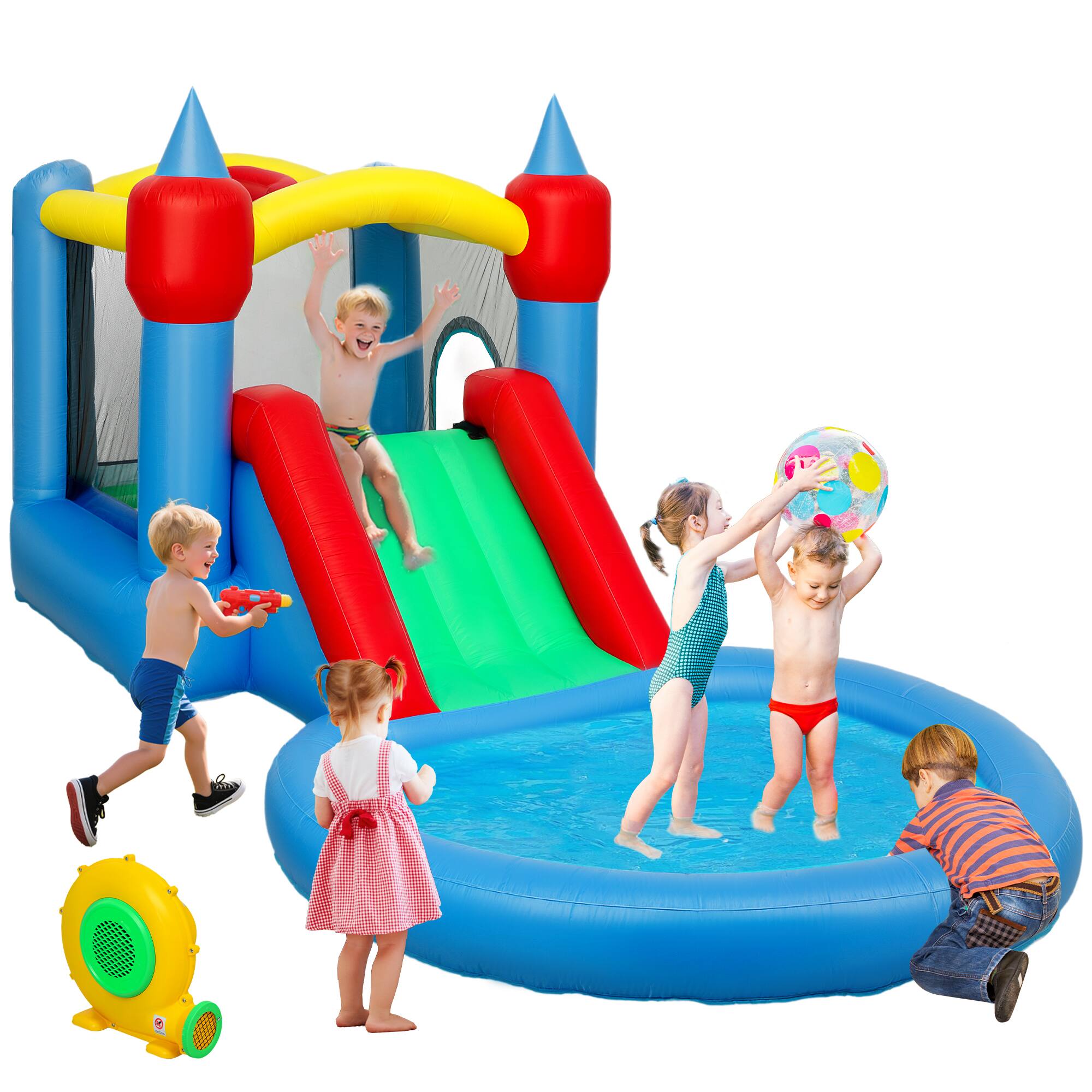 Qaba - Inflatable Bounce House, Slide, Basketball Hoop, Ball Pit, Storage Bag, Outdoor Indoor Party, 163" x 81" x 75"