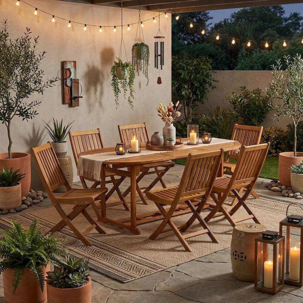 Alt View 2. Outdoor Escape - 7-Pc Outdoor Set, Oil Finish with 6 Slatted Back Chairs and Round Coffee Table - Natural Oil.