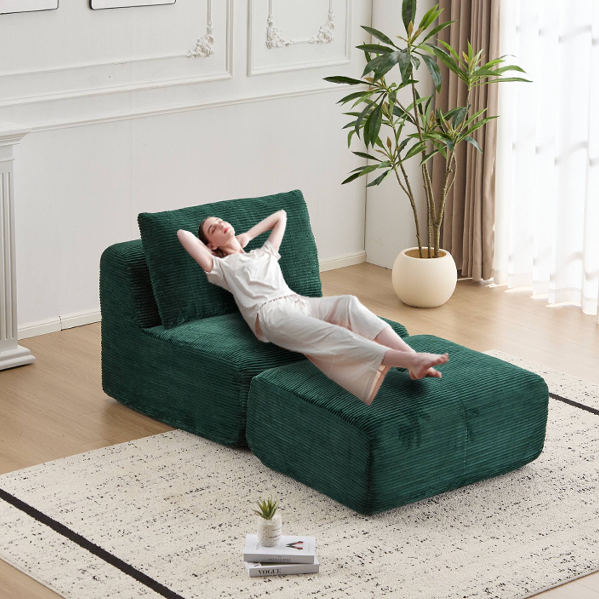 Angle. Boyel Living - Memory Foam Corduroy Chaise Lounge with Movable Ottoman - Green.