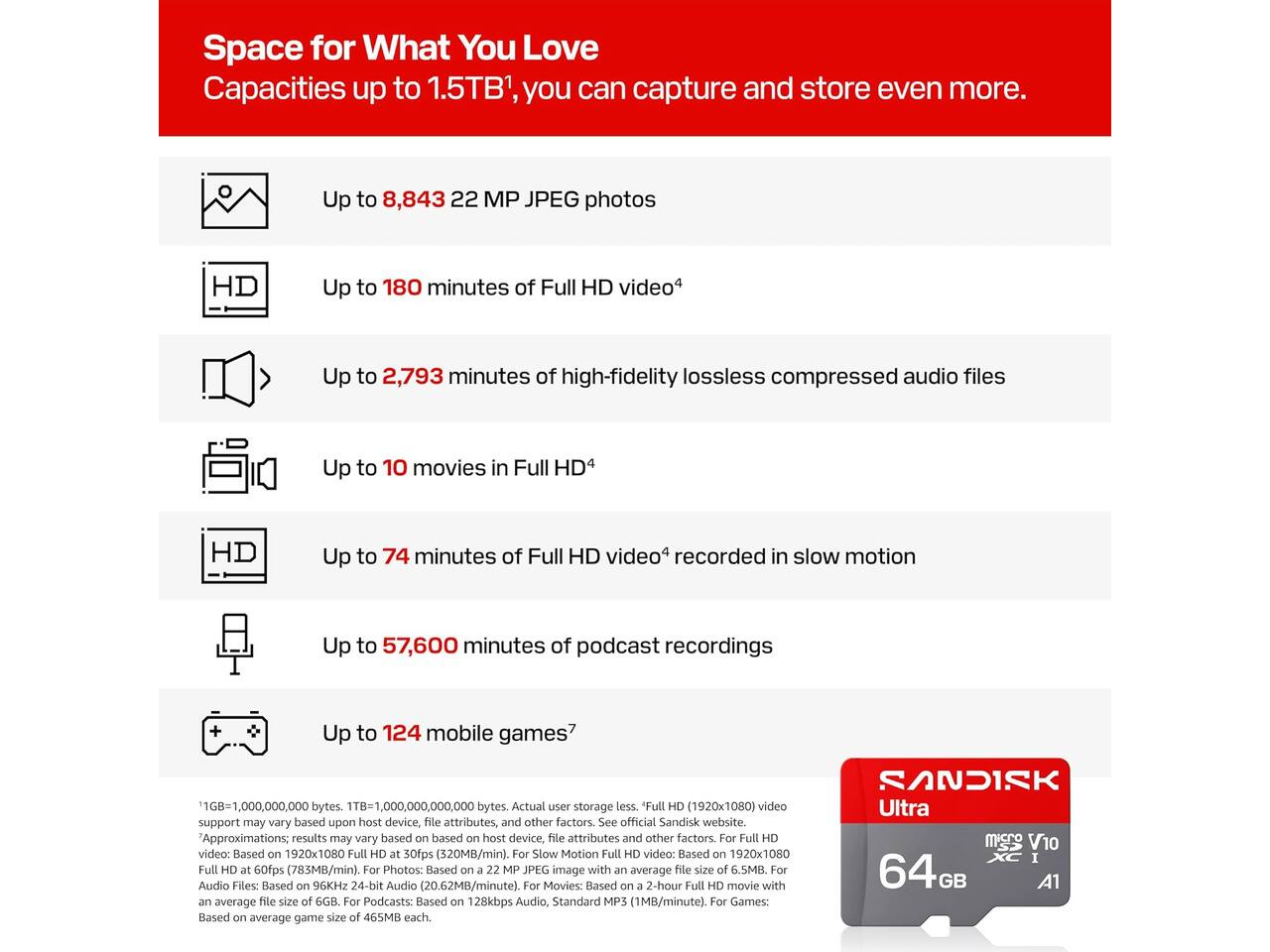 Space for What You Love  
Capacities up to 1.5TB¹, you can capture and store even more.  

- Up to 8,843 22 MP JPEG photos  
- Up to 180 minutes of Full HD video⁴  
- Up to 2,793 minutes of high-fidelity lossless compressed audio files  
- Up to 10 movies in Full HD  
- Up to 74 minutes of Full HD video⁴ recorded in slow motion  
- Up to 57,600 minutes of podcast recordings  
- Up to 124 mobile games⁷  

¹1GB=1,000,000,000 bytes. 1TB=1,000,000,000,000 bytes. Actual user storage less.  
Full HD (1920x1080) video support may vary based upon host device, file attributes, and other factors. See official Sandisk website.  
Approximations; results may vary based on host device, file attributes and other factors.  
For Full HD video: Based on 1920x1080 Full HD at