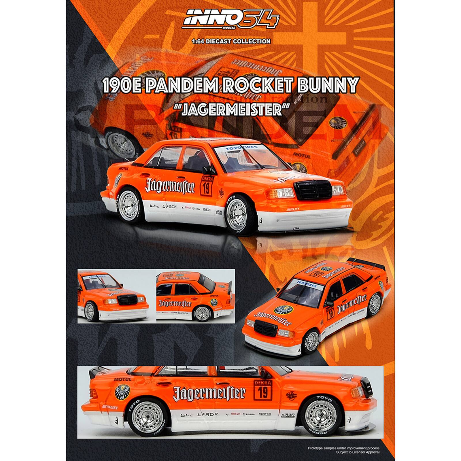INNO54  
1:64 DIECAST COLLECTION  

190E PANDEM ROCKET BUNNY  
"JAGERMEISTER"  

Jagermeister 19  
FOTO L20r - RS  
E5 ALPT H - Jagermeister Mees  
Sugpetaites 10 CEN  
Jagermeister  
MIOTU  
M GALFT  
TOYO  
DEKRA  
Jagermeister 19  
LPROP HLN  
Cen -1  
RNT TOYO  
TEmAE  

Prototype samples under improvement process  
Subject to approval