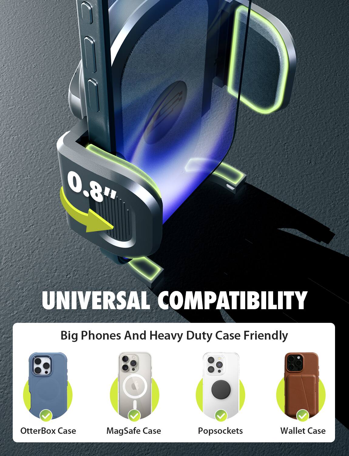 18.0 UNIVERSAL COMPATIBILITY
Big Phones And Heavy Duty Case Friendly
OtterBox Case
MagSafe Case
Popsockets
Wallet Case