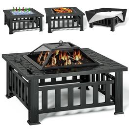 KingChii - Wood-Burning Fire Pit Table with Mesh Lid Poker and Protective Cover - Black