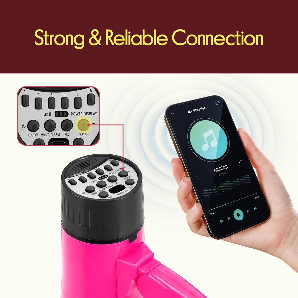 Strong & Reliable Connection

1 2 3 4 5 6

LED POWER DISPLAY

My Playlist

ON/OFF MUSIC/ALARM REC PLAY/BT

POWER BAP

001

WL nothing_totnribe

P DAUG

NOMASCS

MUSIC

Artist

44
