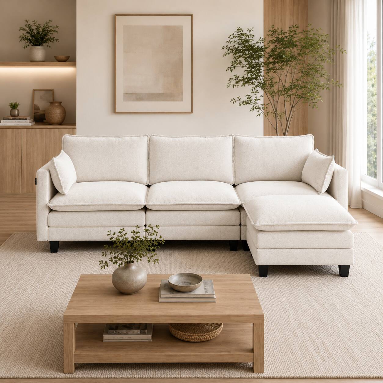 Angle. Anysun - Modern Chenille 3-Seat Couch with Matching Ottoman, Built-in USB Ports and Side Pockets - Beige.