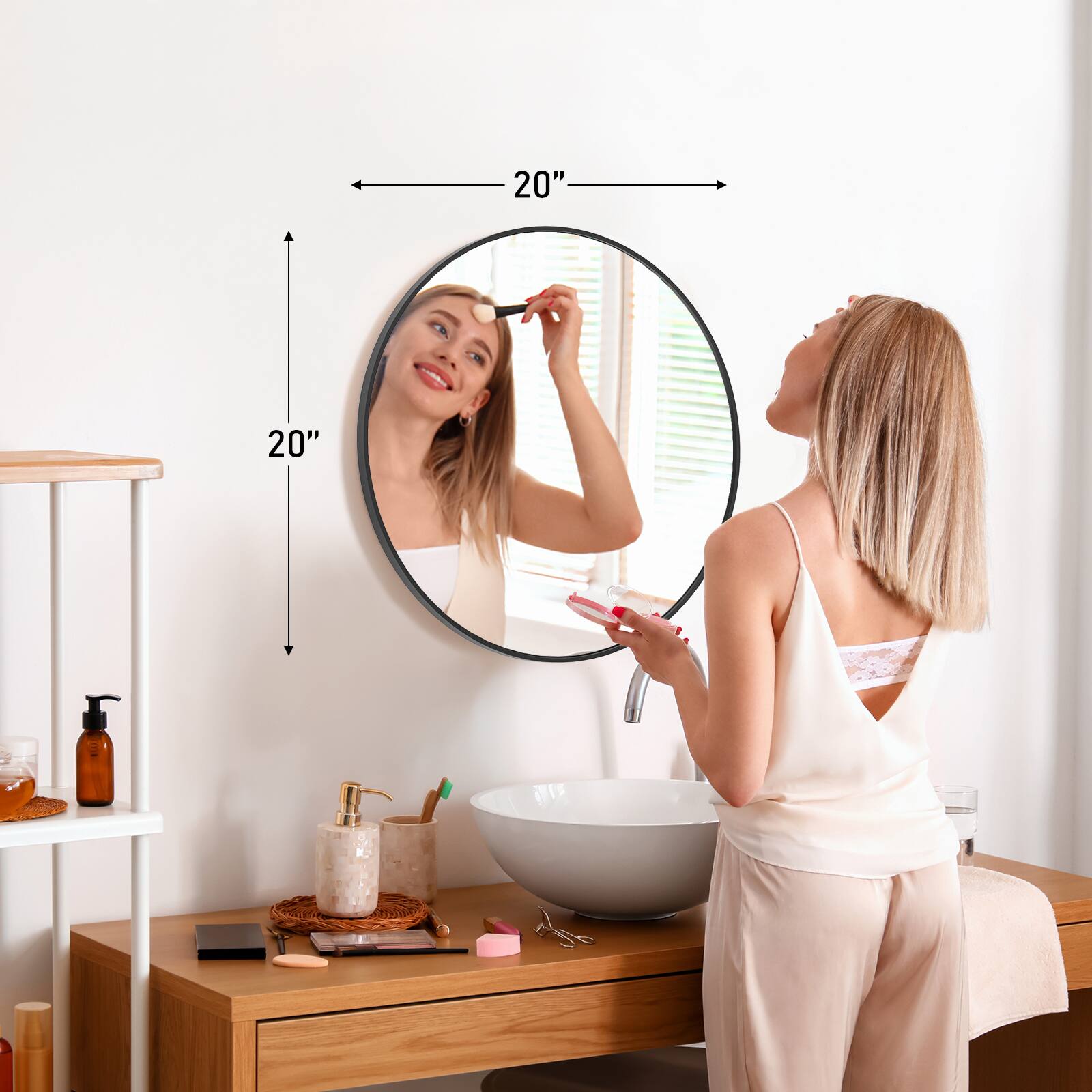 The text on the image reads "20" on the left and "20" on the right, indicating that the mirror is 20 inches in diameter.