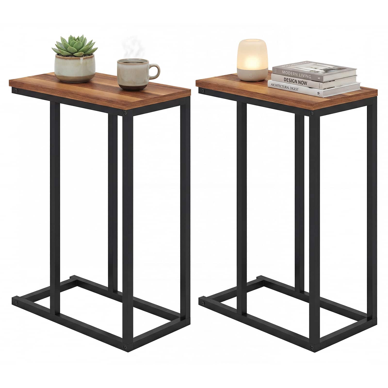 Gymax - 2PCS C-shaped End Table w/Adjustable Foot Pads Small Snack Table for Bedroom Rustic - Brown