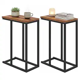 Gymax - 2PCS C-shaped End Table w/Adjustable Foot Pads Small Snack Table for Bedroom Rustic - Brown