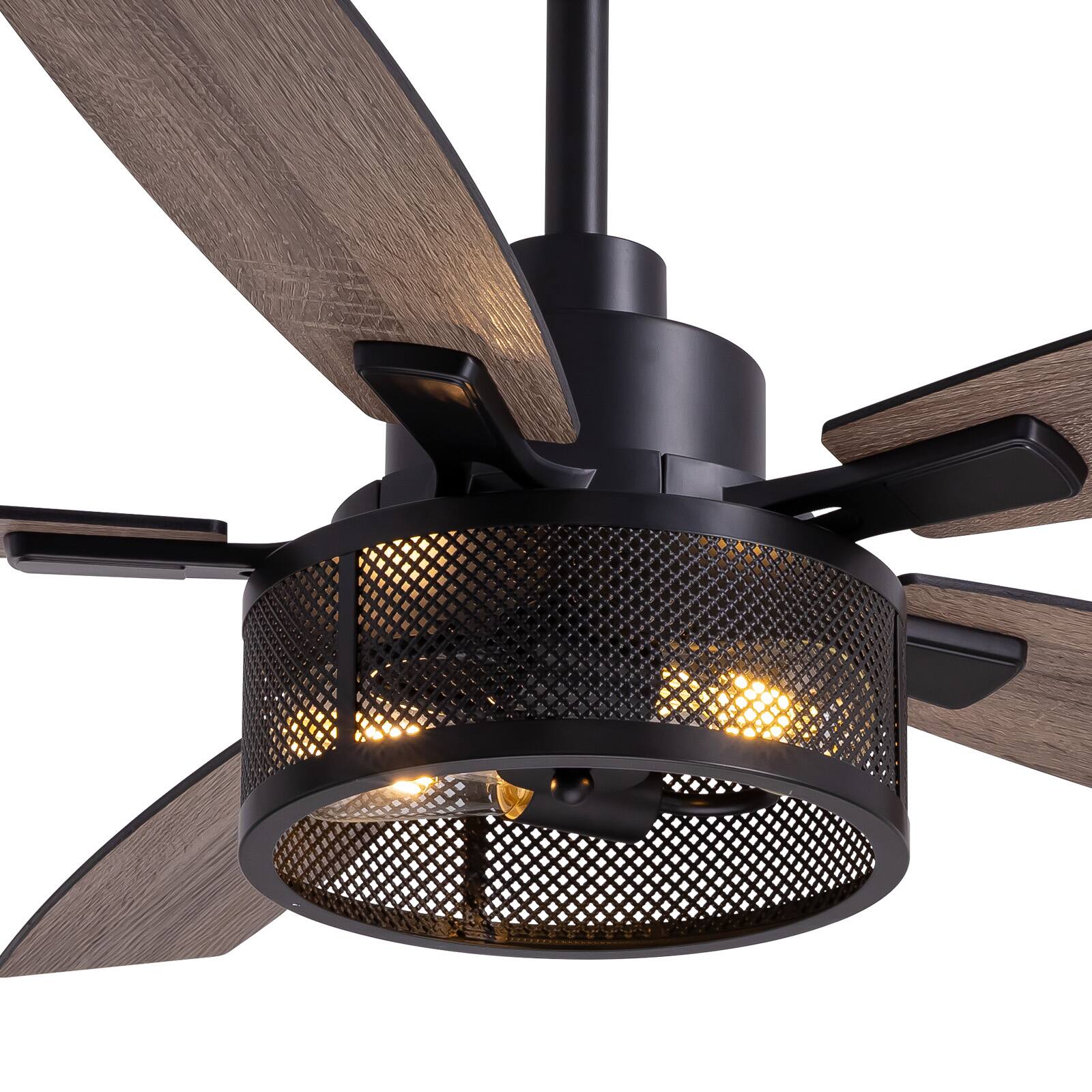 Back. Siljoy - 52-in Indoor Matte Black Layered Caged Ceiling Fan with Light Kit Reversible Blades and Remote Included - Black.