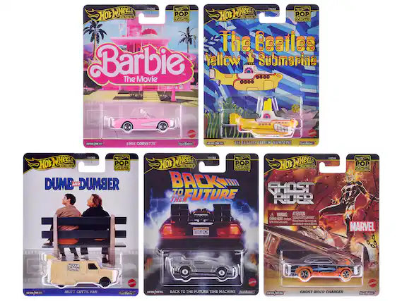 Sure, here is the corrected and grouped text from the image:
---
**Hot Wheels Premium**
- **Barbie The Movie**
- 1956 CORVETTE
- Real Riders
- METAL/METAL
- **The Beatles Yellow Submarine**
- THE BEATLES YELLOW SUBMARINE
- Real Riders
- METAL/METAL
- **Dumb and Dumber**
- MUTT CUTTS VAN
- Real Riders
- METAL/METAL
- **Back to the Future**
- BACK TO THE FUTURE TIME MACHINE
- Real Riders
- METAL/METAL
- **Ghost Rider**
- GHOST RIDER CHARGER
- Real Riders
- METAL/METAL
**POP Culture**
- **Barbie The Movie**
- 1956 CORVETTE
- Real Riders
- METAL/METAL
- **The Beatles Yellow Submarine**
- THE BEATLES YELLOW SUBMARINE
- Real Riders
- METAL/METAL
- **Dumb and Dumber**
- MUTT CUTTS VAN
- Real