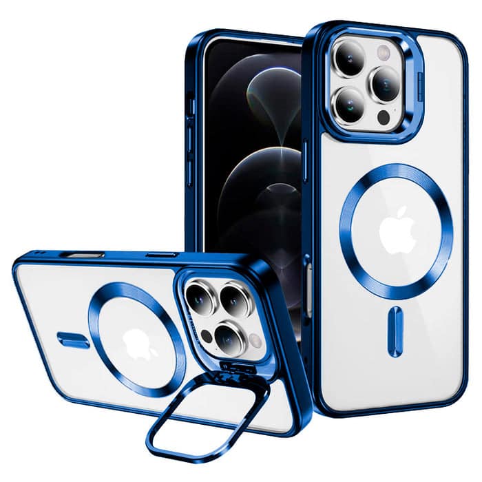 Front. Entronix - Entronix Magnetic iPhone 16 Pro Max Case - Clear Glossy Back Cover with Camera Stand - Blue.