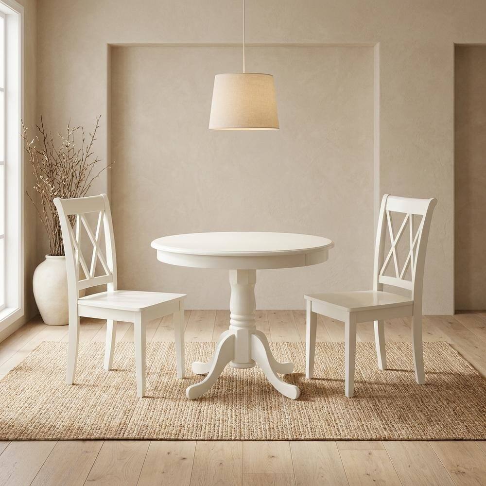 Alt View 3. FurniFact - Wood Round Kitchen Table & Chairs 3-Piece - Linen White.