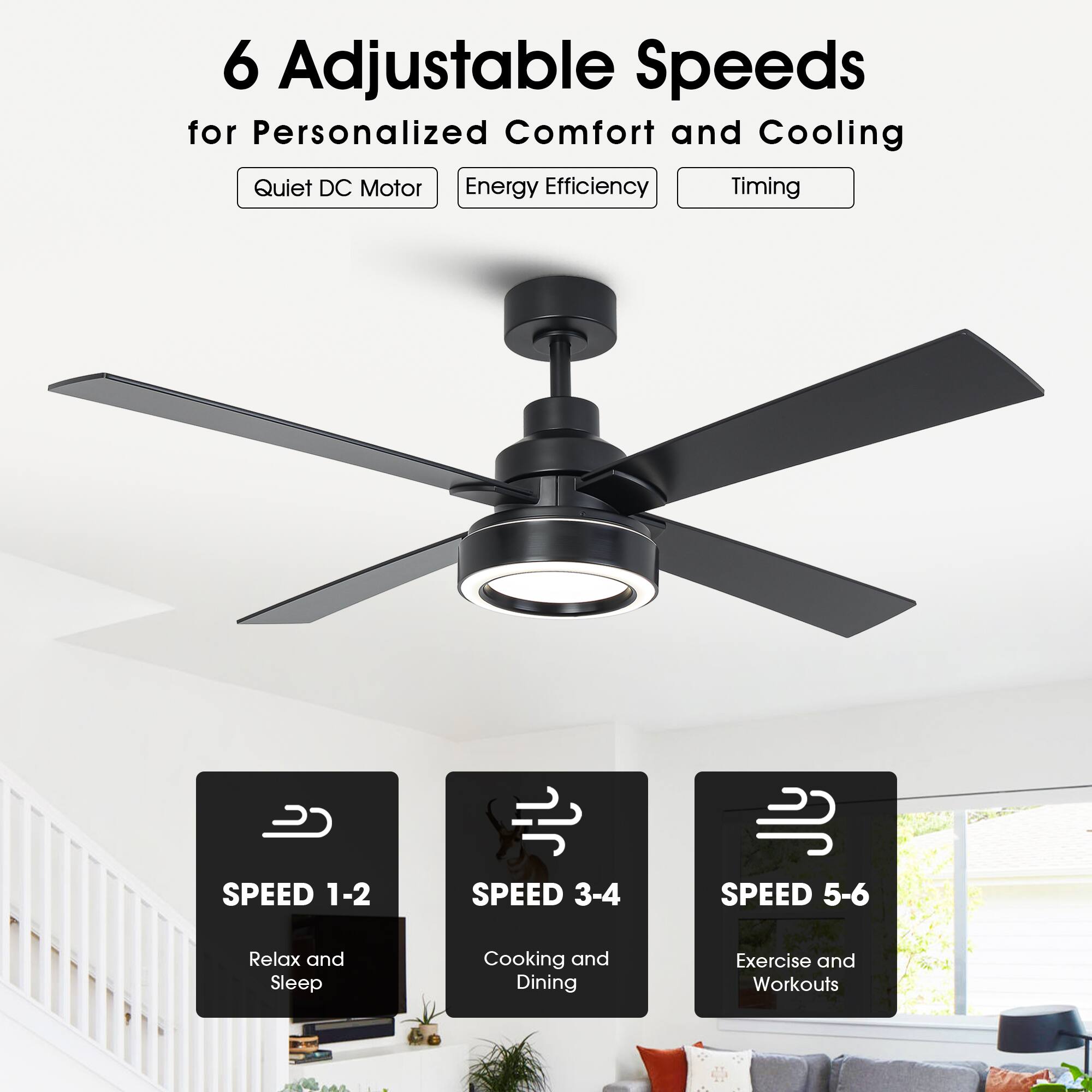 6 Adjustable Speeds for Personalized Comfort and Cooling

- Quiet DC Motor
- Energy Efficiency
- Timing

SPEED 1-2  
Relax and Sleep

SPEED 3-4  
Cooking and Dining

SPEED 5-6  
Exercise and Workouts