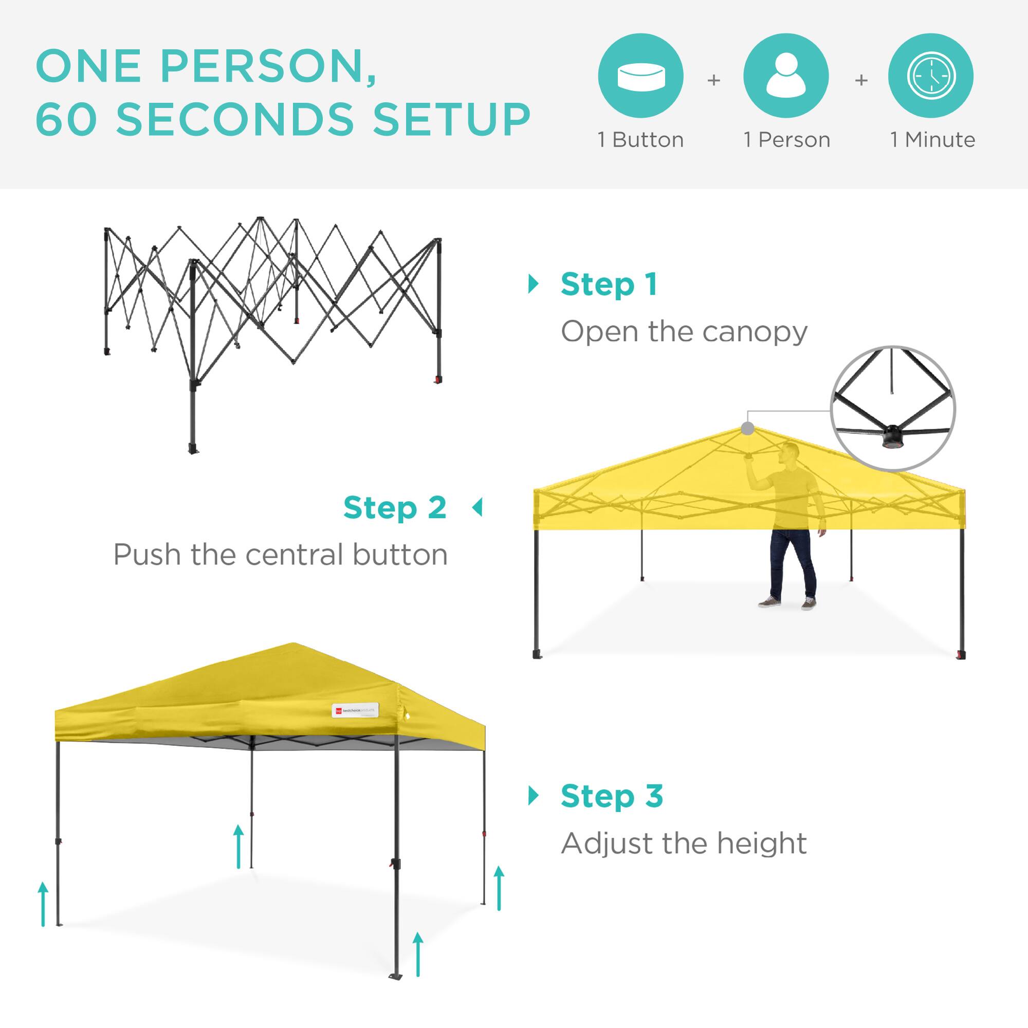 ONE PERSON, 60 SECONDS SETUP

1 Button + 1 Person + 1 Minute

Step 1
Open the canopy

Step 2
Push the central button

Step 3
Adjust the height