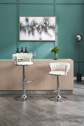 Front. APRILSOUL - Set of 2 Bar Stools Chrome Footrest Base Swivel Height Adjustable Velvet Chrome Leg CREAM - White.