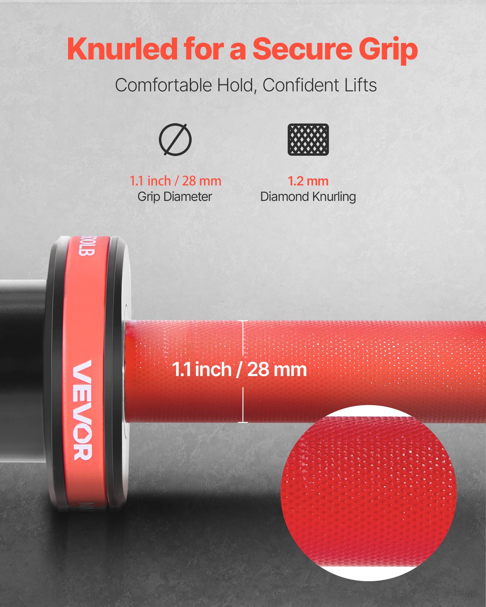 Knurled for a Secure Grip  
Comfortable Hold, Confident Lifts  

1.1 inch / 28 mm Grip Diameter  
1.2 mm Diamond Knurling  

DOLB VEVOR