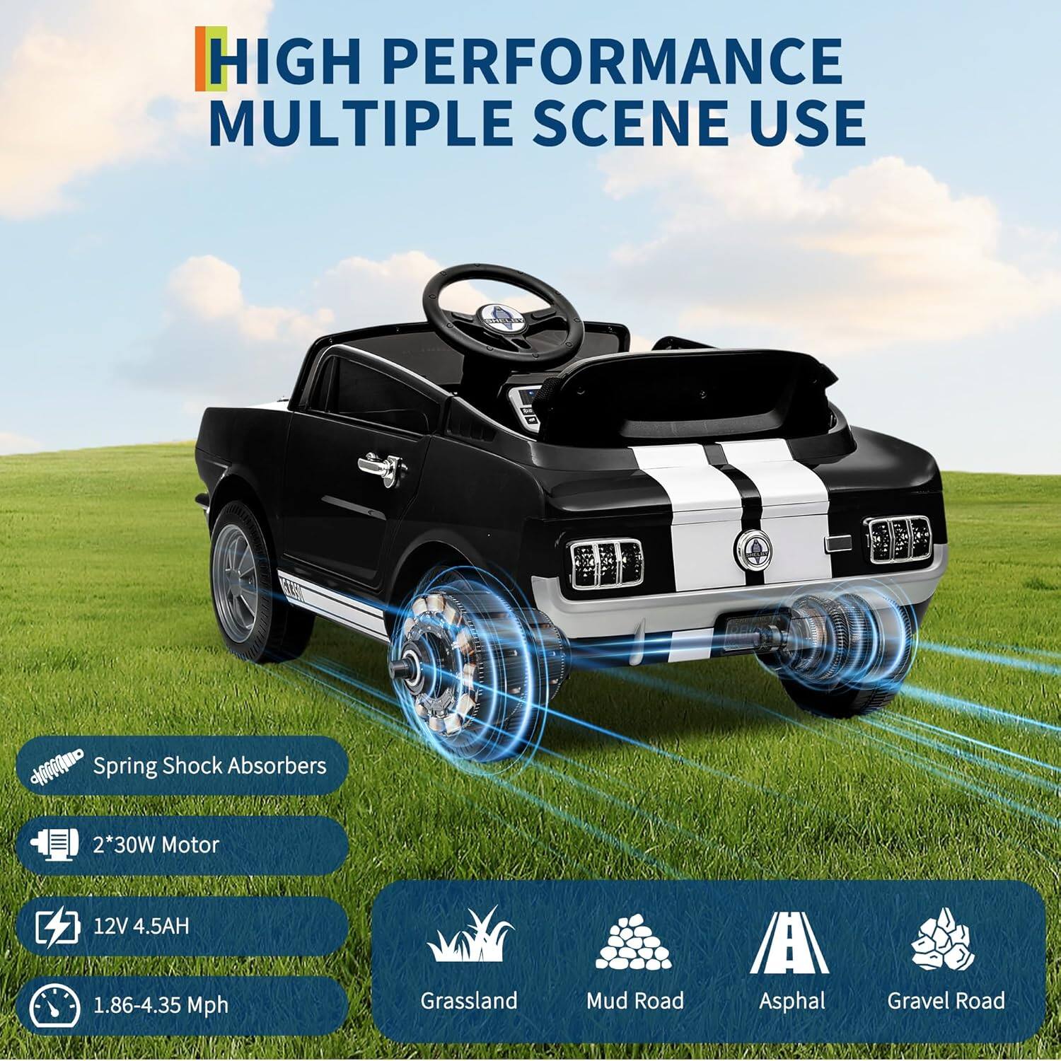 HIGH PERFORMANCE  
MULTIPLE SCENE USE  

- Spring Shock Absorbers  
- 2*30W Motor  
- 12V 4.5AH  
- 1.86-4.35 Mph  

Grassland  
Mud Road  
Asphalt  
Gravel Road