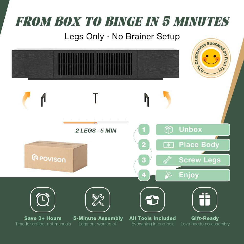 FROM BOX TO BINGE IN 5 MINUTES  
Legs Only • No Brainer Setup  

1. Unbox  
2. Place Body  
3. Screw Legs  
4. Enjoy  

2 LEGS • 5 MIN  

Save 3+ Hours  
5-Minute Assembly  
All Tools Included  
Gift-Ready  

Time for coffee, not manuals  
Legs on, worries off  
Everything in one box  
Love needs no assembly  

Customers Succeed on 97%