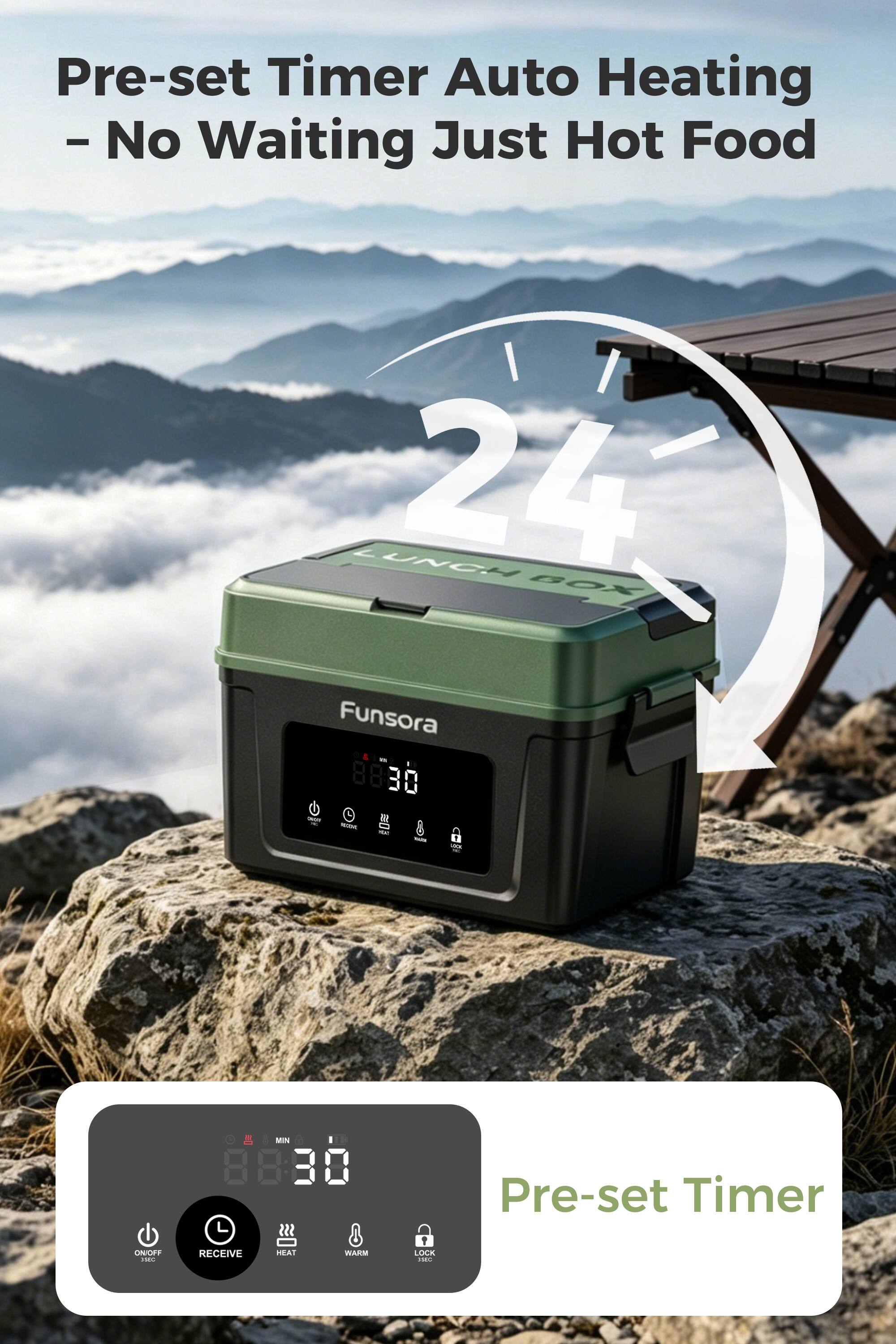 Pre-set Timer Auto Heating - No Waiting Just Hot Food

Funsora - 8830

24

ON/OFF ... RECEIVE HEAT MARM LOCK

Pre-set Timer