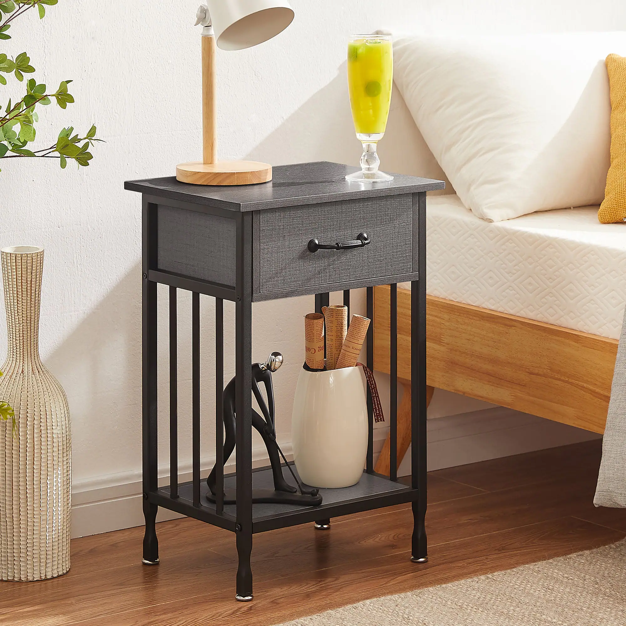 Front. Vecelo - Industrial Nightstand - Bedside Table with Drawer, Compact End Table with Adjustable Feet, Metal Frame Nightstand - Dark Grey.