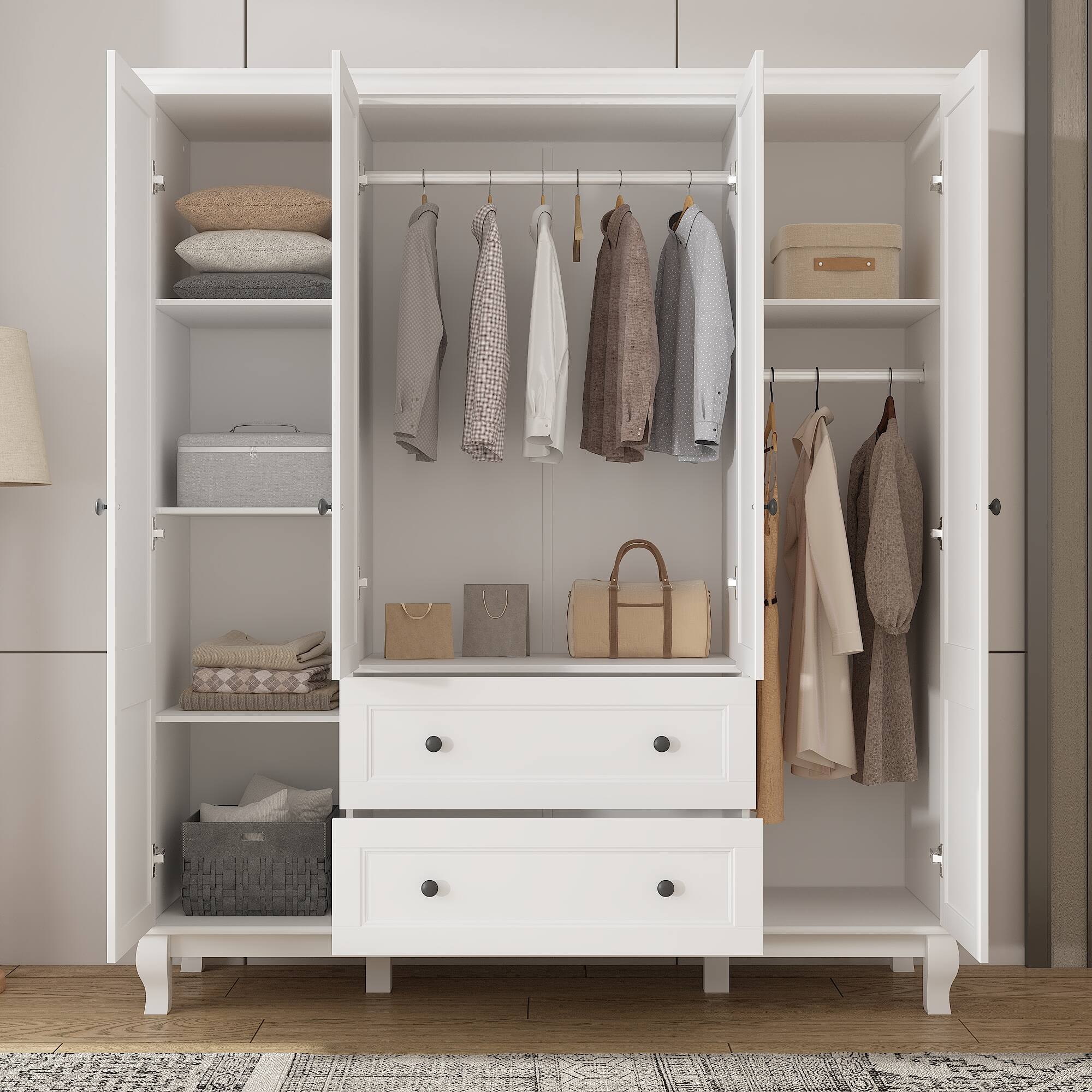 Left. FUFU & GAGA - FUFU&GAGA Freestanding Wardrobe with Textured Finish & Solid Wood Legs Armoires - Spacious Storage for Bedroom - White.