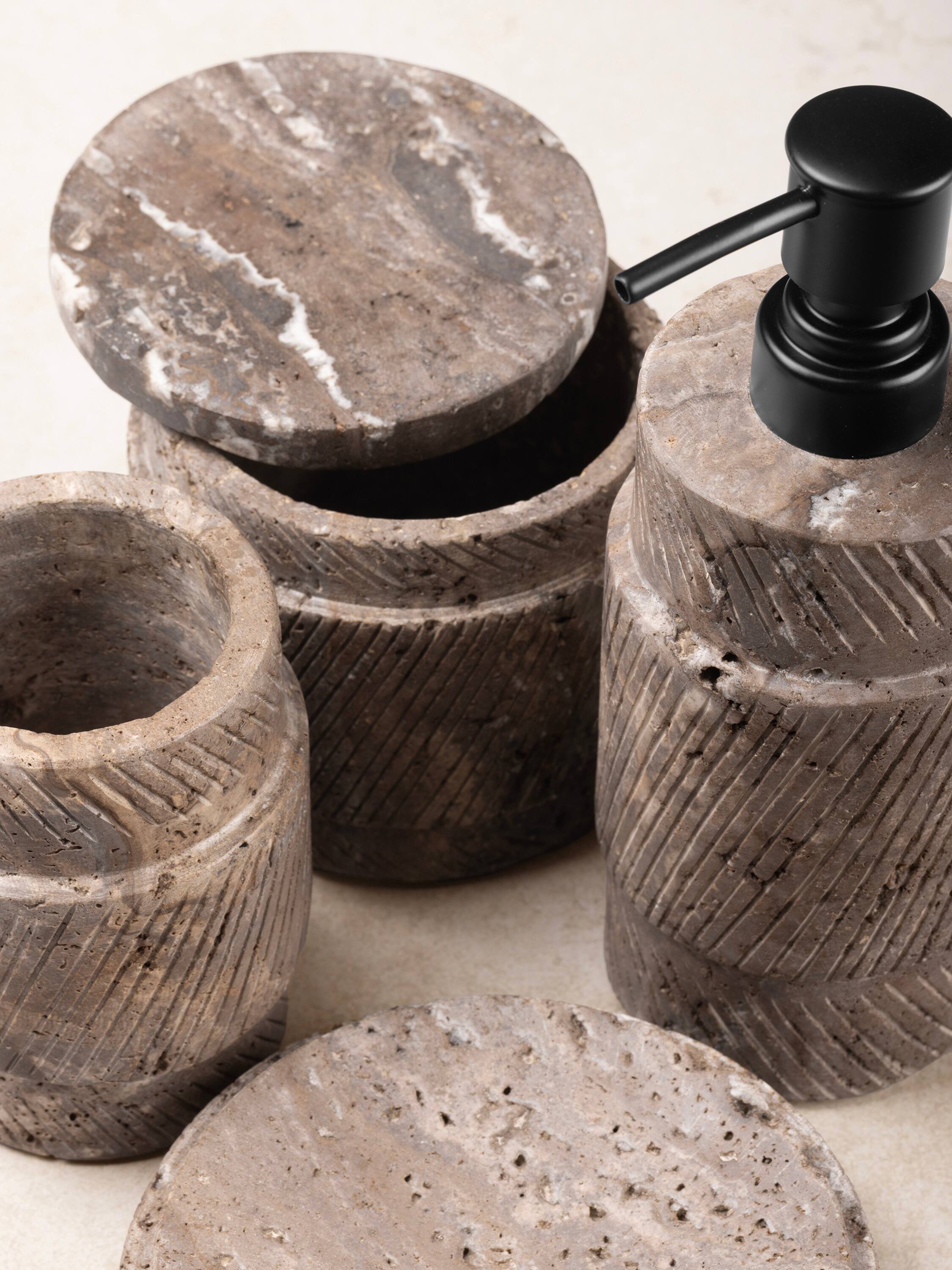 Left. GAURI KOHLI - Tallinn Bath Accessories - Shades of gray and brown.