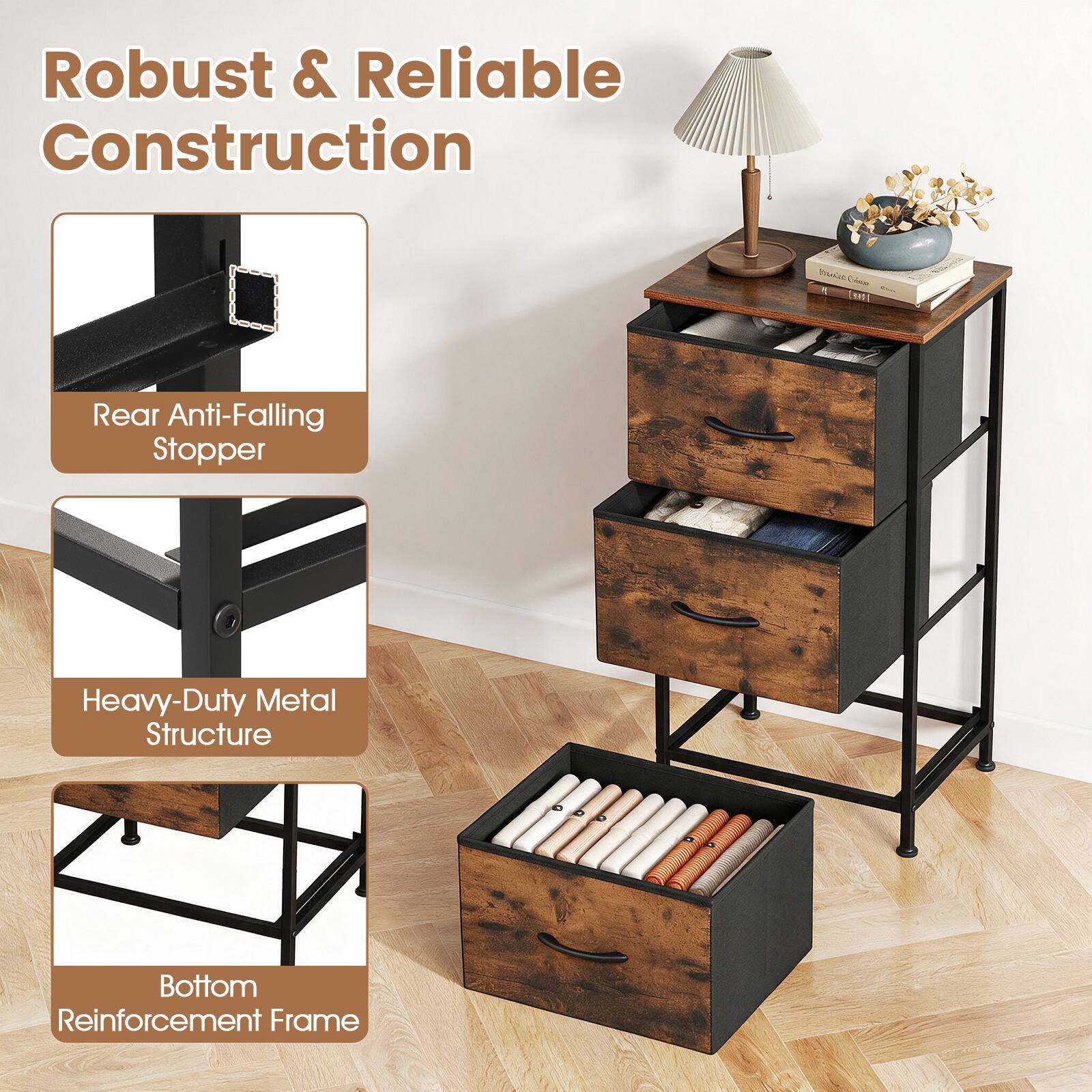Robust & Reliable Construction

- Rear Anti-Falling Stopper
- Heavy-Duty Metal Structure
- Bottom Reinforcement Frame